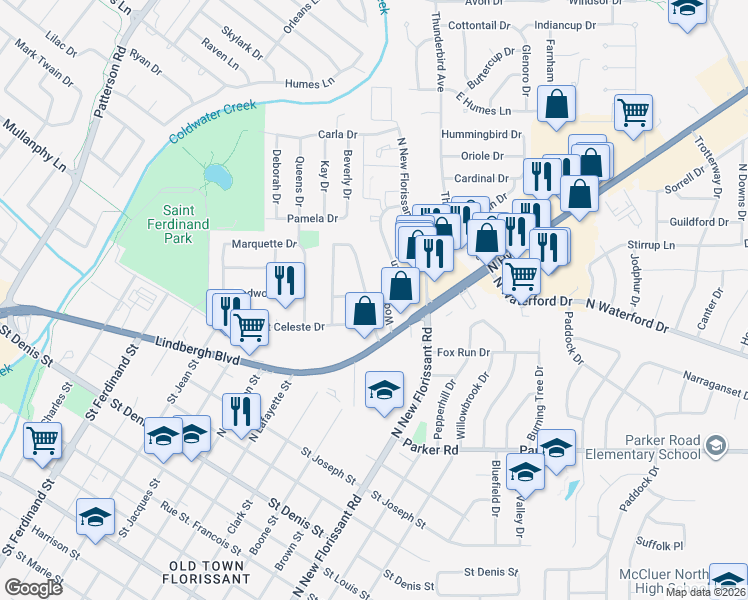 map of restaurants, bars, coffee shops, grocery stores, and more near 18 Florval Drive in Florissant
