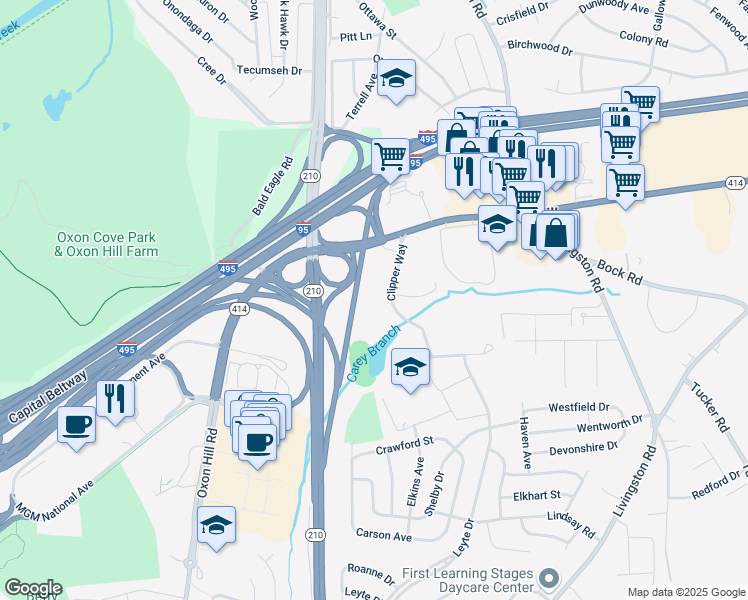 map of restaurants, bars, coffee shops, grocery stores, and more near 6501 Felker Avenue in Oxon Hill