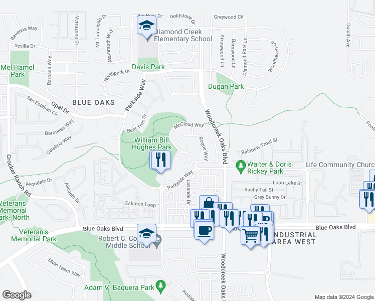 map of restaurants, bars, coffee shops, grocery stores, and more near 200 Skeena Court in Roseville