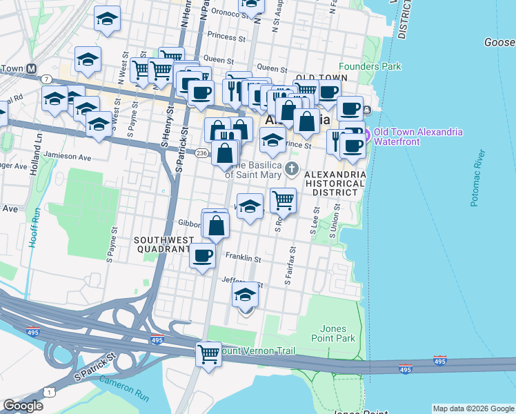 map of restaurants, bars, coffee shops, grocery stores, and more near 511 Wilkes Street in Alexandria