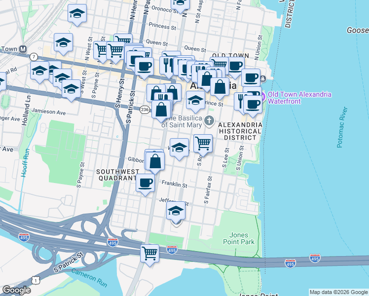 map of restaurants, bars, coffee shops, grocery stores, and more near 511 A Wilkes Street in Alexandria