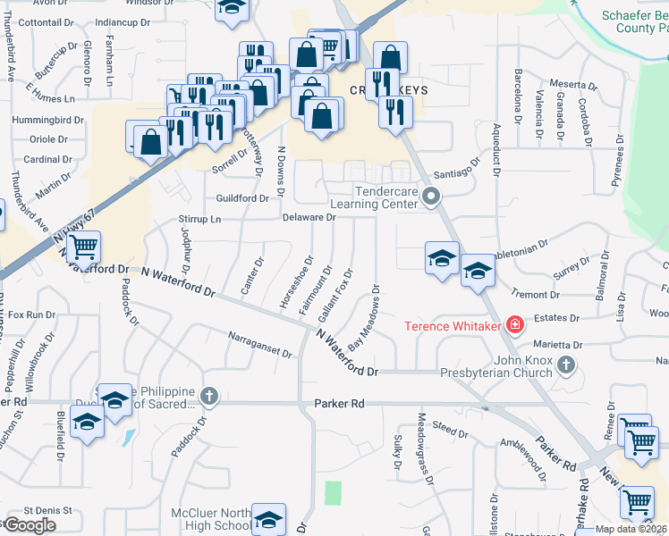 map of restaurants, bars, coffee shops, grocery stores, and more near 1630 Fairmount Drive in Florissant