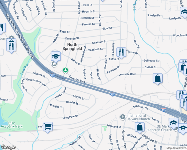 map of restaurants, bars, coffee shops, grocery stores, and more near 5508 Ivor Street in Springfield