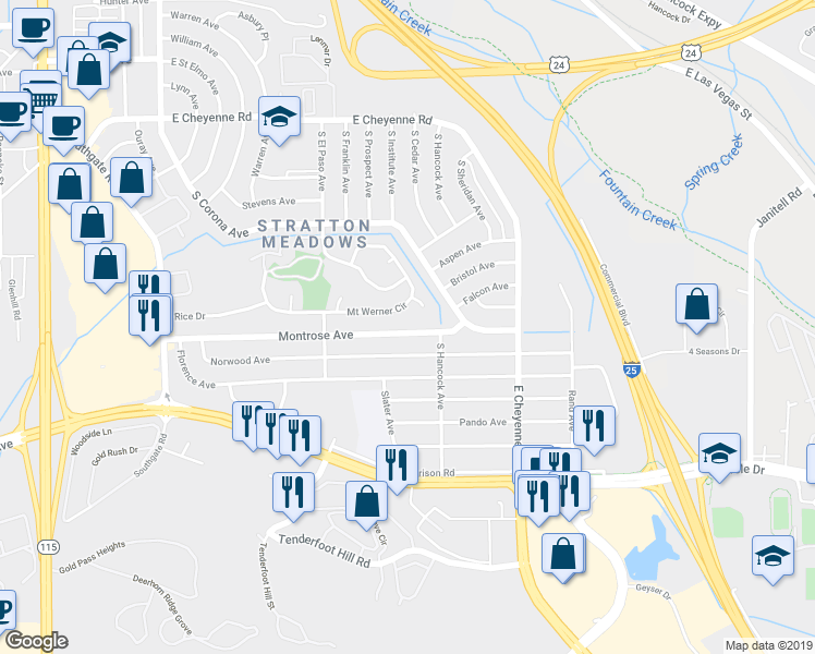 map of restaurants, bars, coffee shops, grocery stores, and more near 1130 Montrose Avenue in Colorado Springs