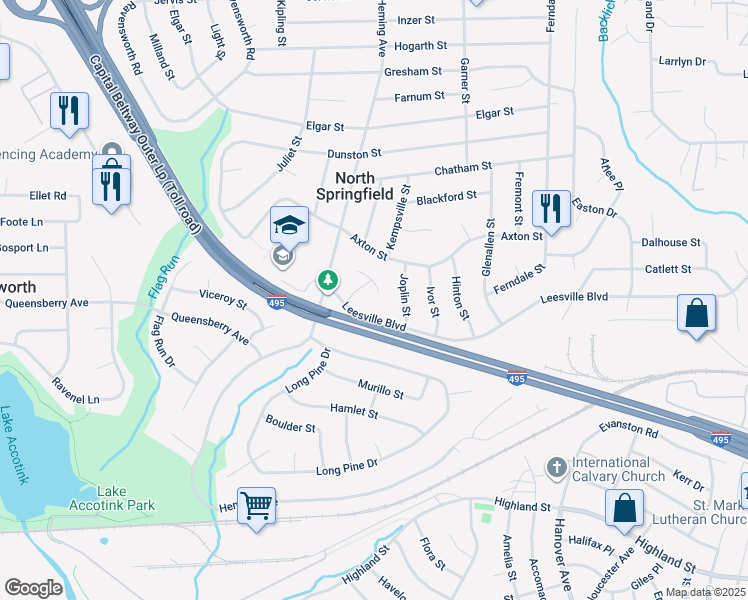 map of restaurants, bars, coffee shops, grocery stores, and more near 5508 Kathleen Place in Springfield