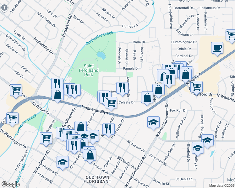 map of restaurants, bars, coffee shops, grocery stores, and more near 19 Saint Celeste Drive in Florissant