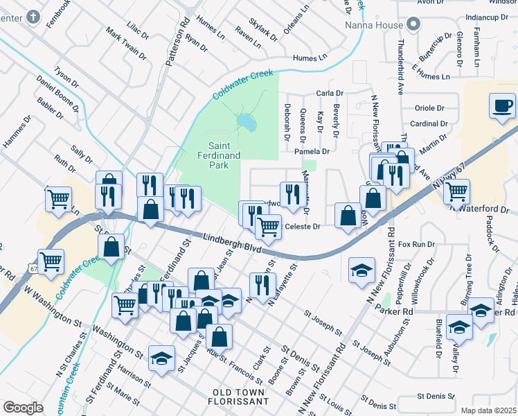 map of restaurants, bars, coffee shops, grocery stores, and more near 4 Redwood Drive in Florissant