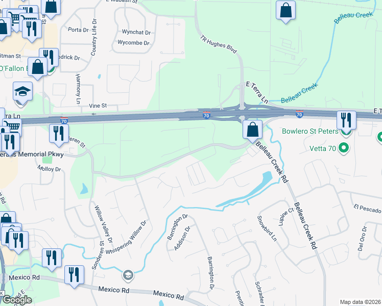 map of restaurants, bars, coffee shops, grocery stores, and more near 120 Biscayne Bay Place in O'Fallon
