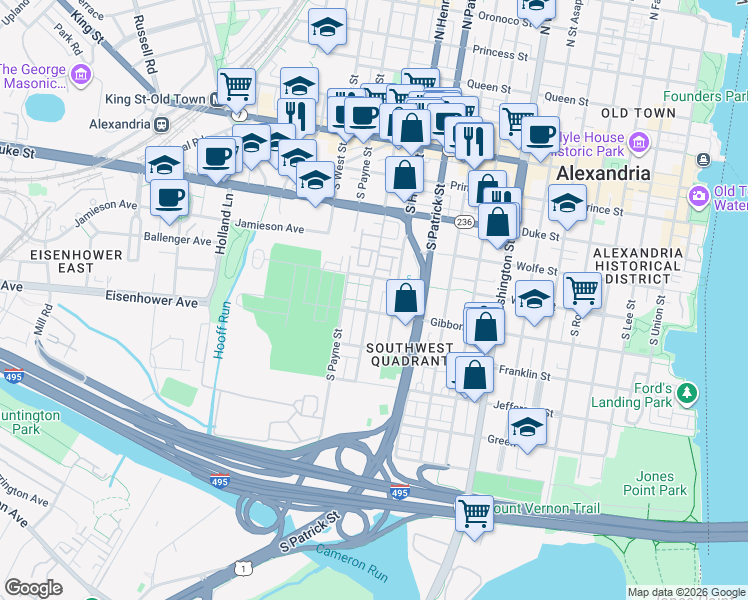 map of restaurants, bars, coffee shops, grocery stores, and more near 518 South Fayette Street in Alexandria
