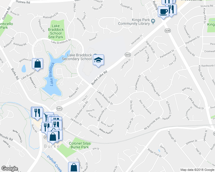 map of restaurants, bars, coffee shops, grocery stores, and more near 5555 Renoir Port Lane in Burke