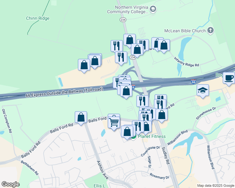 map of restaurants, bars, coffee shops, grocery stores, and more near 7213 Gabe Court in Manassas