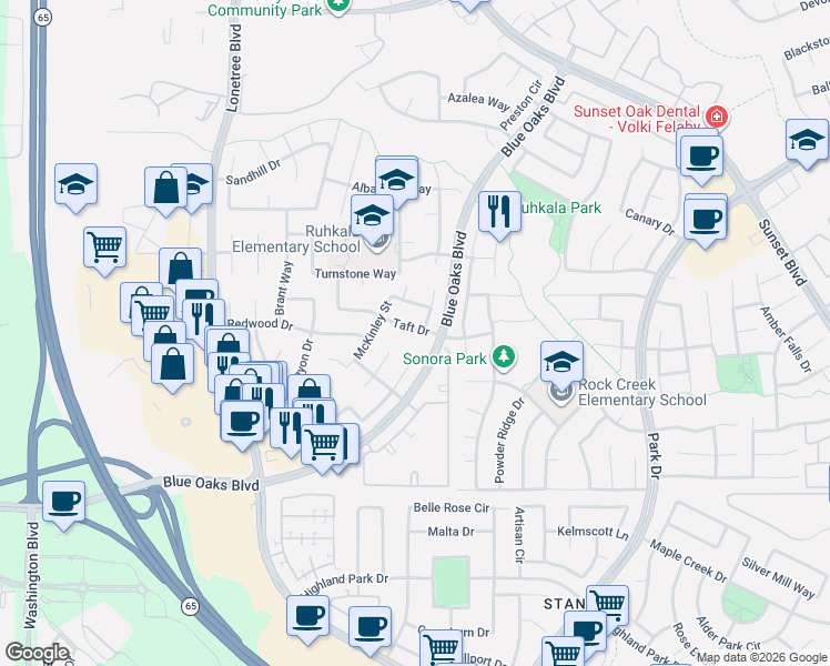 map of restaurants, bars, coffee shops, grocery stores, and more near 2011 Taft Drive in Rocklin