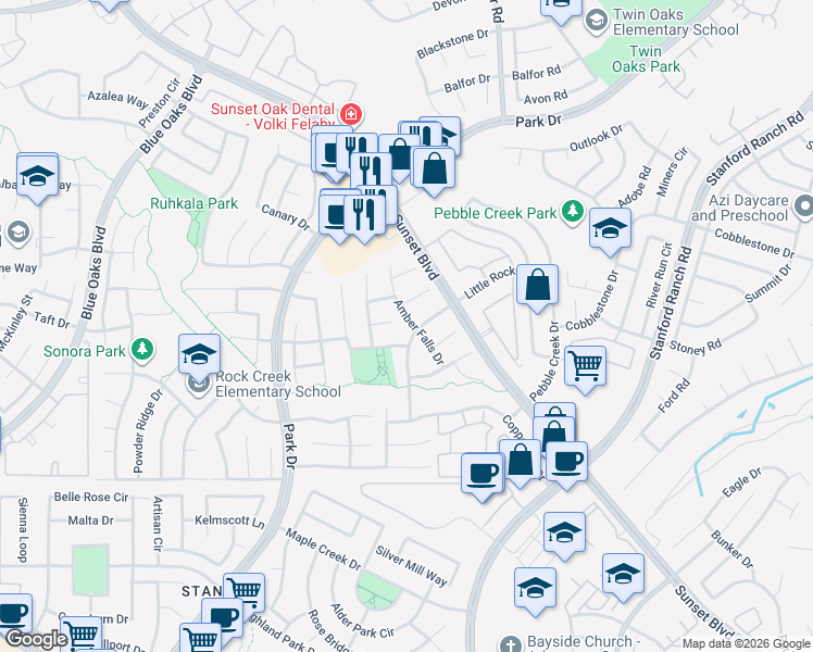 map of restaurants, bars, coffee shops, grocery stores, and more near 2335 Amber Falls Drive in Rocklin