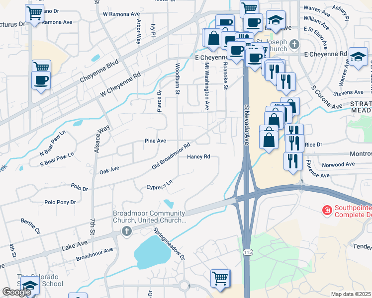 map of restaurants, bars, coffee shops, grocery stores, and more near 87 West Old Broadmoor Road in Colorado Springs