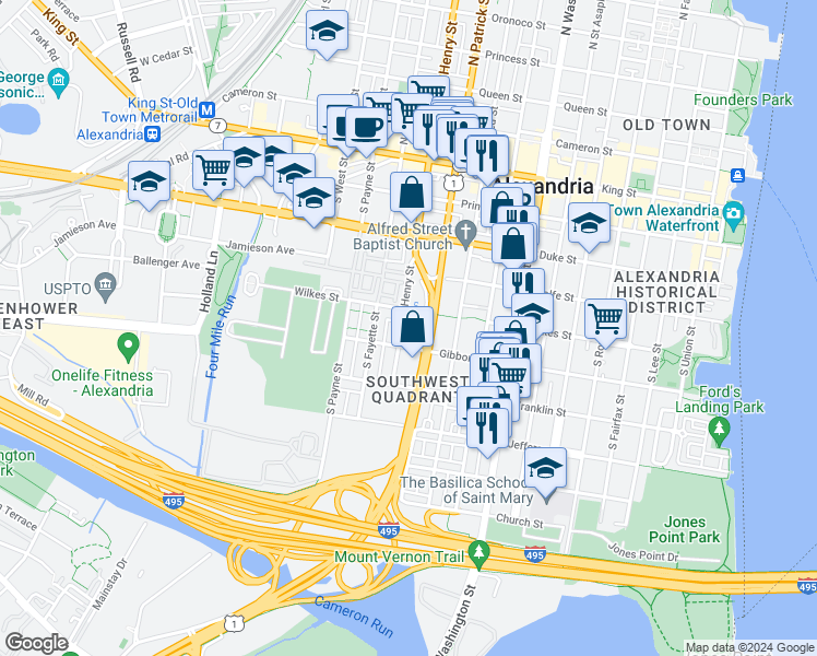 map of restaurants, bars, coffee shops, grocery stores, and more near 508 South Henry Street in Alexandria
