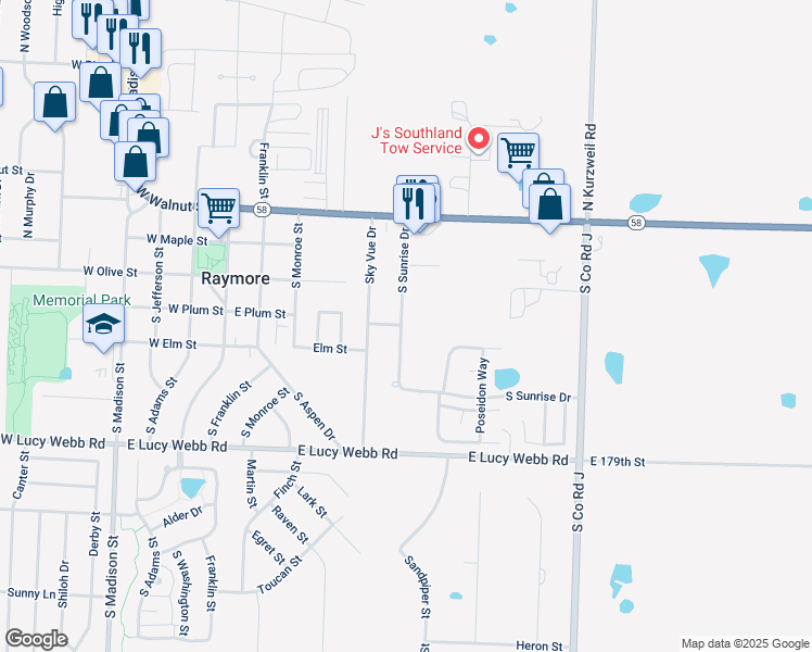 map of restaurants, bars, coffee shops, grocery stores, and more near 403 South Sunrise Drive in Raymore