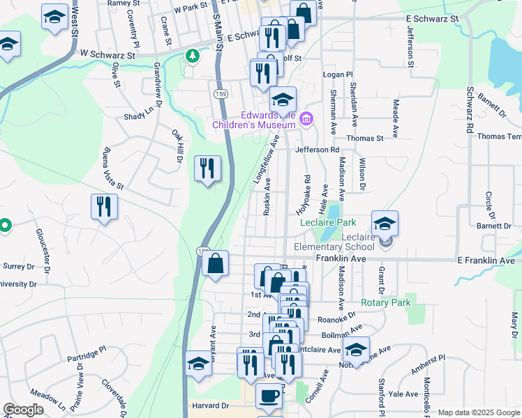 map of restaurants, bars, coffee shops, grocery stores, and more near 916 Ruskin Avenue in Edwardsville
