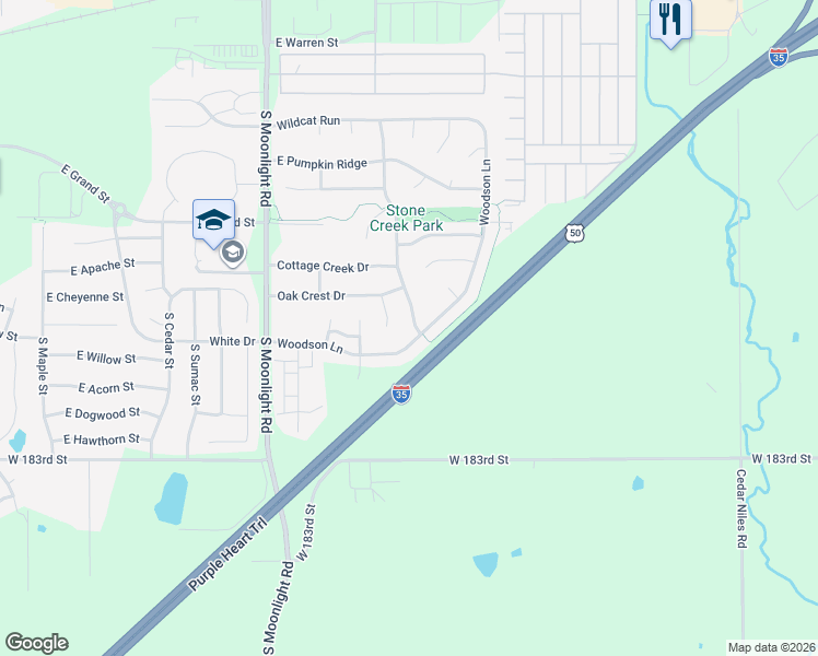 map of restaurants, bars, coffee shops, grocery stores, and more near 640 Stone Creek Drive in Gardner