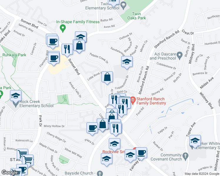 map of restaurants, bars, coffee shops, grocery stores, and more near 5920 Pebble Creek Drive in Rocklin