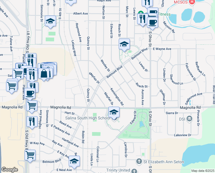map of restaurants, bars, coffee shops, grocery stores, and more near 2222 Kensington Road in Salina