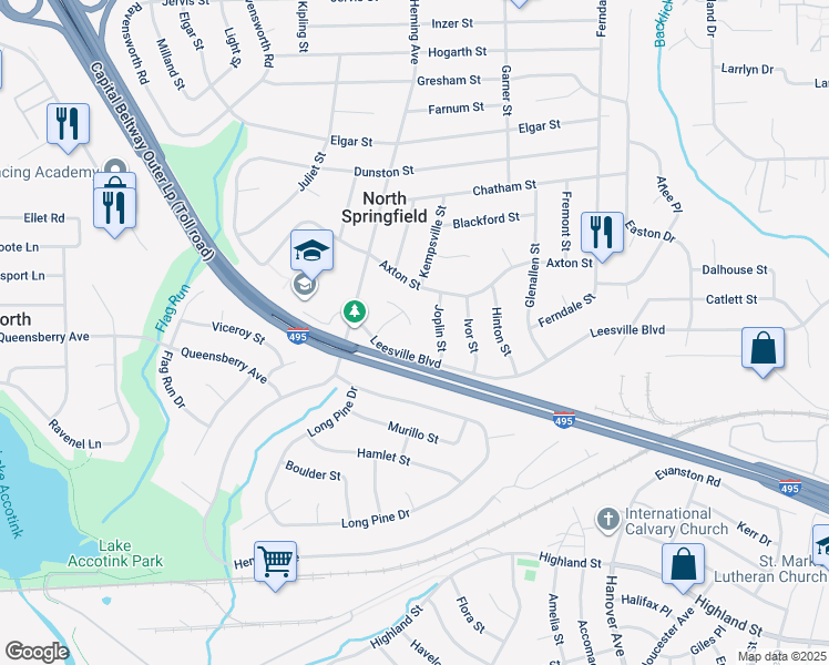 map of restaurants, bars, coffee shops, grocery stores, and more near 5512 Kathleen Place in Springfield