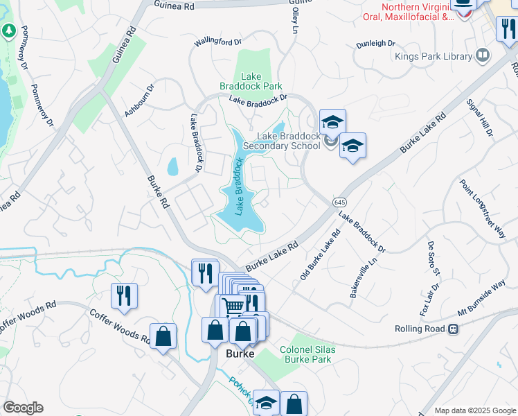 map of restaurants, bars, coffee shops, grocery stores, and more near 5526 Beaconsfield Court in Burke