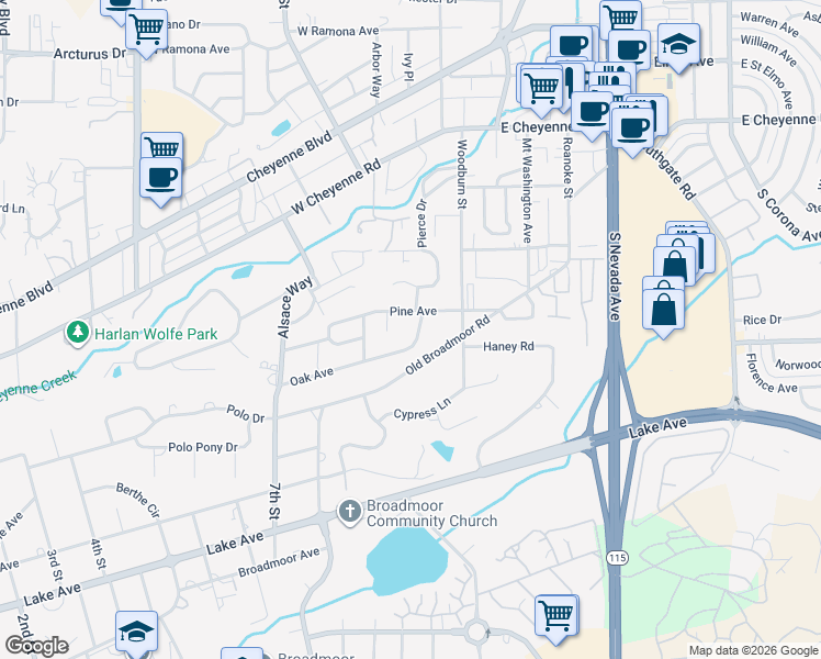 map of restaurants, bars, coffee shops, grocery stores, and more near 28 Oak Avenue in Colorado Springs