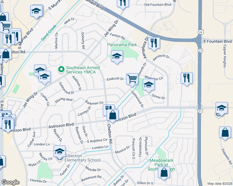 map of restaurants, bars, coffee shops, grocery stores, and more near 4650 Anjelina Circle North in Colorado Springs
