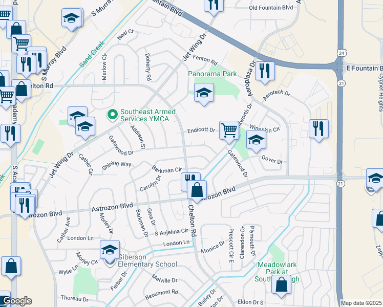 map of restaurants, bars, coffee shops, grocery stores, and more near 4650 Anjelina Circle North in Colorado Springs
