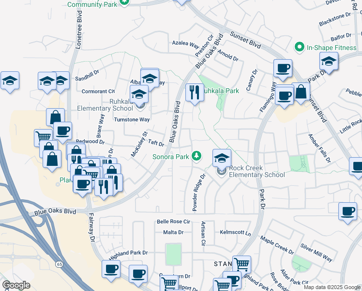 map of restaurants, bars, coffee shops, grocery stores, and more near 6328 Lookout Pass Way in Rocklin