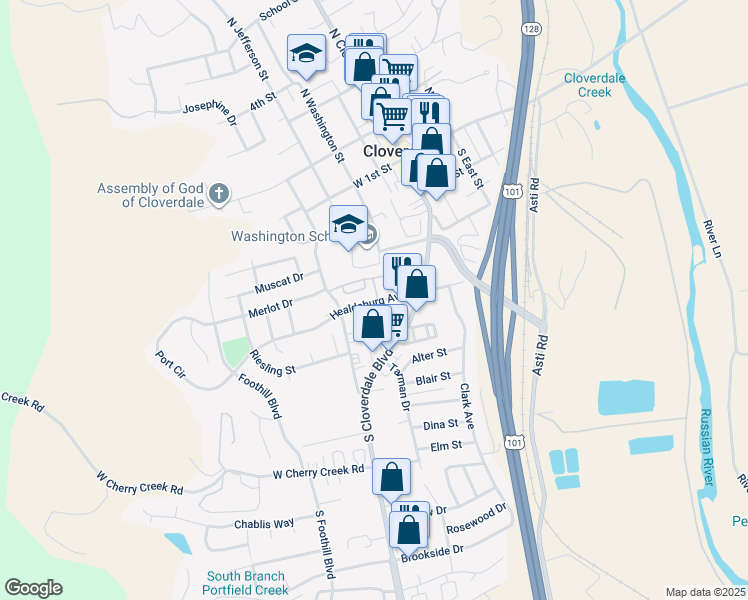 map of restaurants, bars, coffee shops, grocery stores, and more near 131 Healdsburg Avenue in Cloverdale