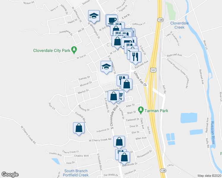 map of restaurants, bars, coffee shops, grocery stores, and more near 190 Healdsburg Avenue in Cloverdale