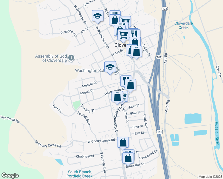 map of restaurants, bars, coffee shops, grocery stores, and more near 190 Healdsburg Avenue in Cloverdale