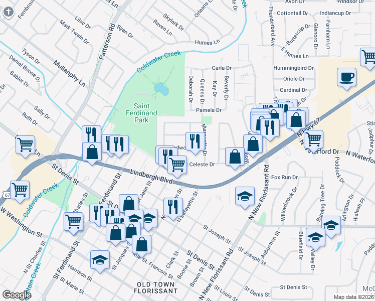 map of restaurants, bars, coffee shops, grocery stores, and more near 19 Saint Celeste Drive in Florissant