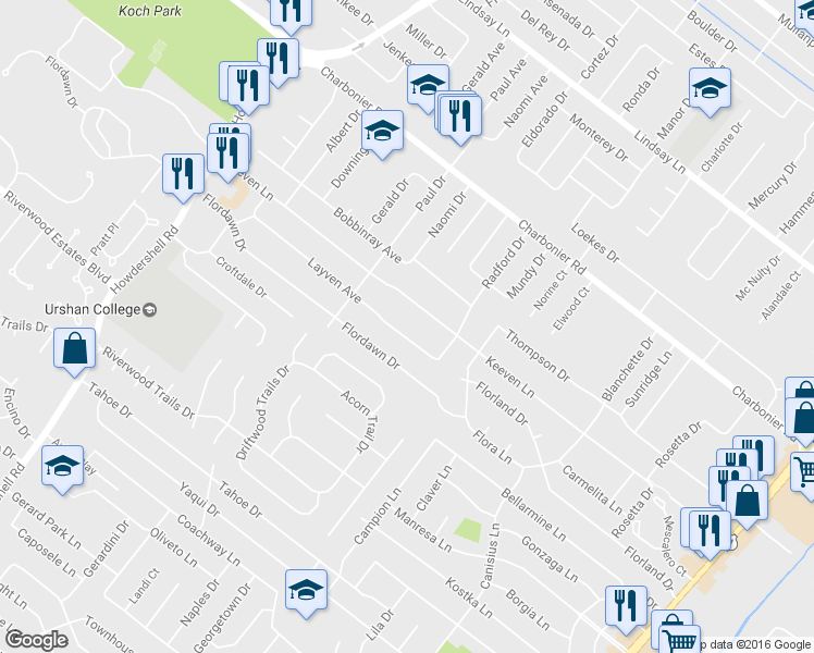 map of restaurants, bars, coffee shops, grocery stores, and more near 1460 Keeven Lane in Florissant