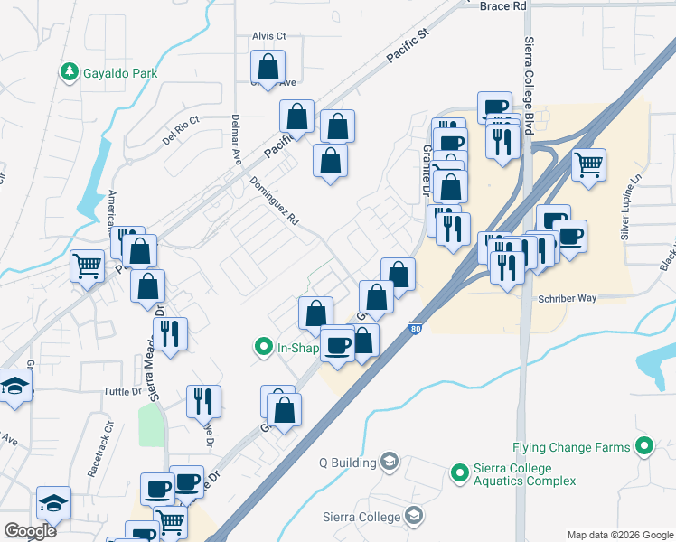 map of restaurants, bars, coffee shops, grocery stores, and more near 4312 Grand Prix Loop in Rocklin