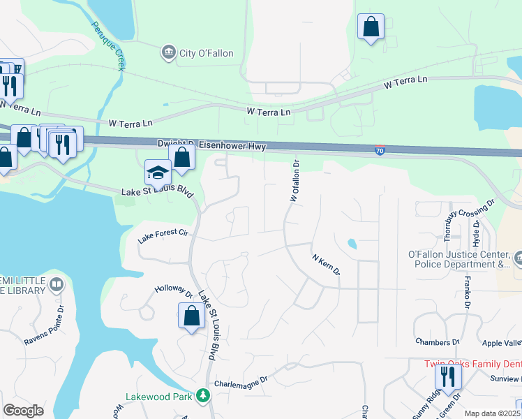 map of restaurants, bars, coffee shops, grocery stores, and more near 9 Linda Lane in O'Fallon