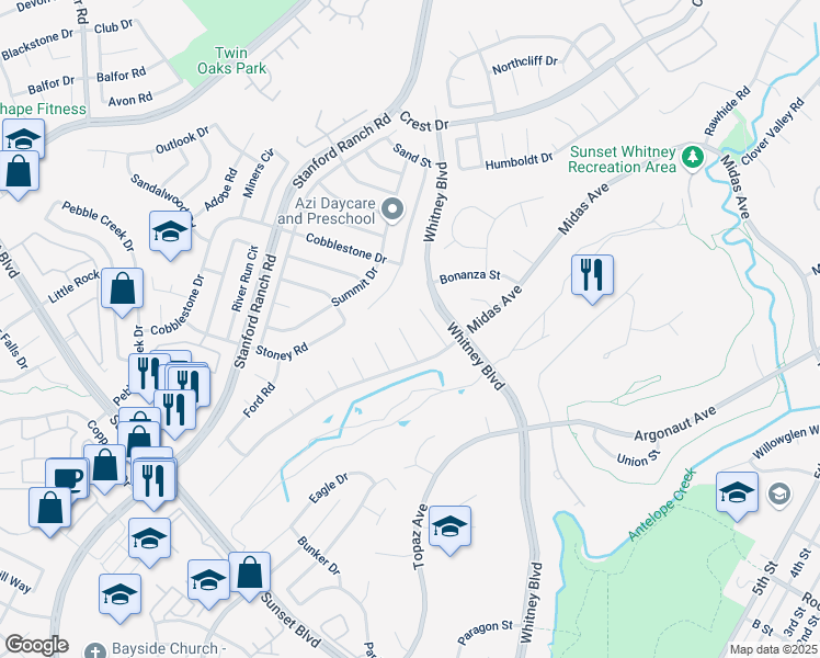 map of restaurants, bars, coffee shops, grocery stores, and more near 4609 Ronnie Court in Rocklin