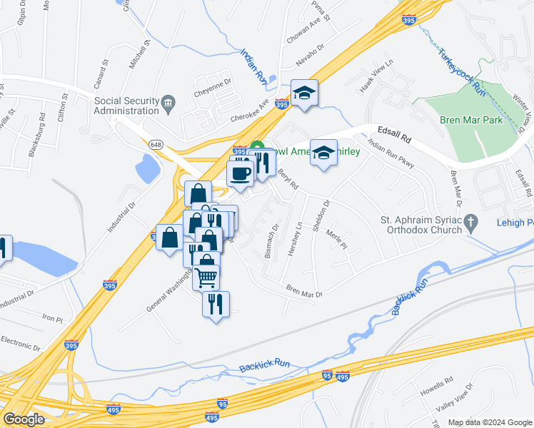 map of restaurants, bars, coffee shops, grocery stores, and more near 5633 Harrington Falls Lane in Alexandria