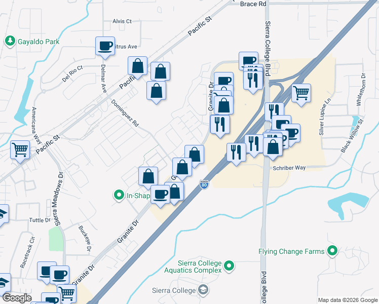 map of restaurants, bars, coffee shops, grocery stores, and more near 4309 Gentry Way in Rocklin