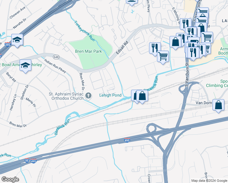 map of restaurants, bars, coffee shops, grocery stores, and more near 6301 Edsall Road in Alexandria