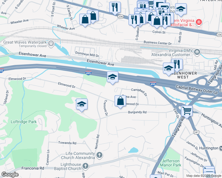 map of restaurants, bars, coffee shops, grocery stores, and more near 3434 Campbell Drive in Alexandria