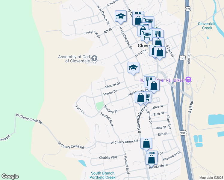 map of restaurants, bars, coffee shops, grocery stores, and more near 438 Merlot Drive in Cloverdale