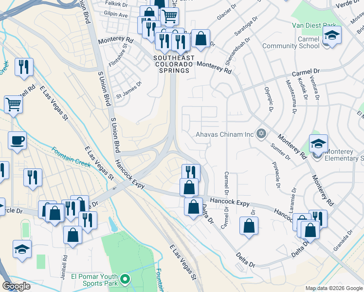 map of restaurants, bars, coffee shops, grocery stores, and more near 2635 Winterbourne Street in Colorado Springs