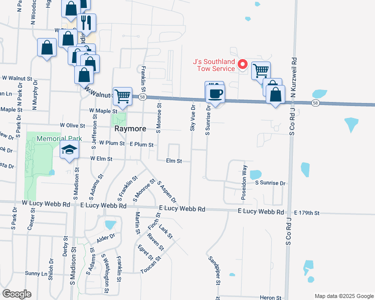 map of restaurants, bars, coffee shops, grocery stores, and more near 400 Sky Vue Drive in Raymore
