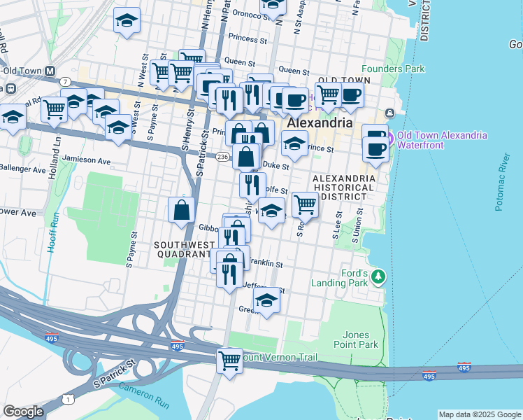 map of restaurants, bars, coffee shops, grocery stores, and more near 601 Wilkes Street in Alexandria