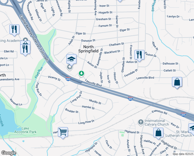 map of restaurants, bars, coffee shops, grocery stores, and more near 5512 Kathleen Place in Springfield