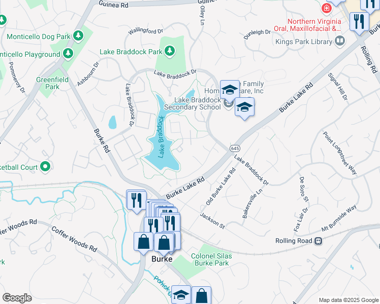 map of restaurants, bars, coffee shops, grocery stores, and more near 5500 Saddlebrook Court in Burke