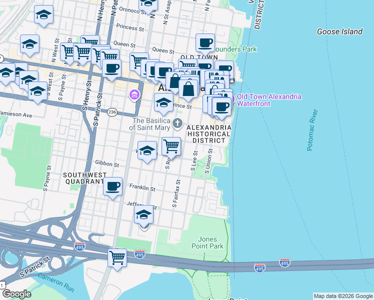 map of restaurants, bars, coffee shops, grocery stores, and more near 412 1/2 South Fairfax Street in Alexandria