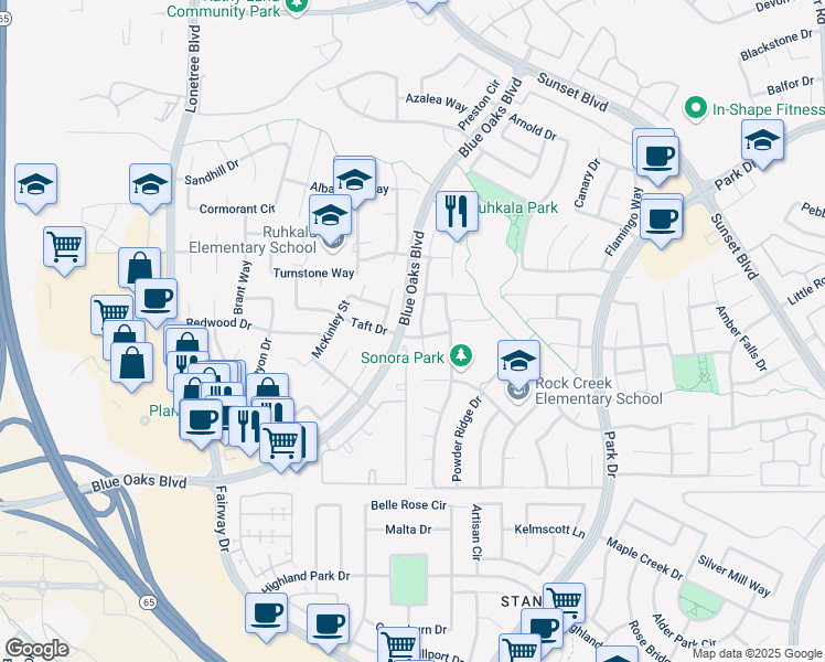 map of restaurants, bars, coffee shops, grocery stores, and more near 6328 Lookout Pass Way in Rocklin